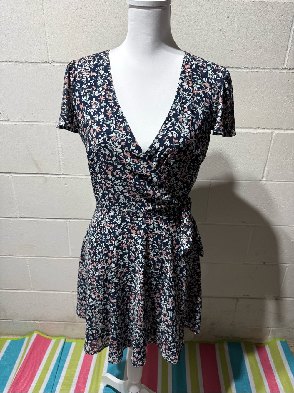 Abercrombie & Fitch Navy Floral Wrap Mini Dress with Pink and Cream Blossoms